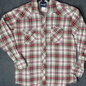 Wrangler Red Tan Pearl Snap Flannel Plaid Shirt Rugged Utility Western Ranch